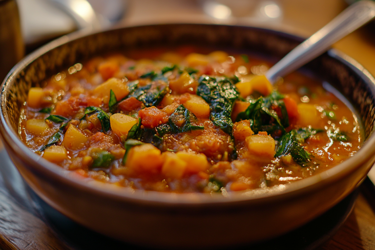 A close-up image of a hearty vegetable stew in a rustic bowl.