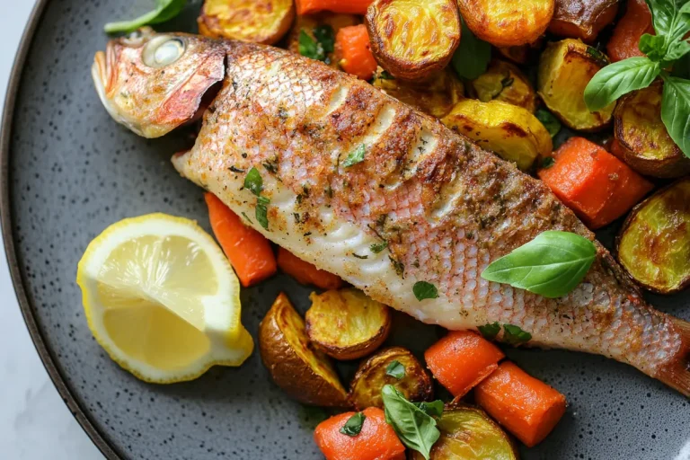 A whole roasted fish is served on a plate with roasted potatoes, carrots, and a lemon wedge.