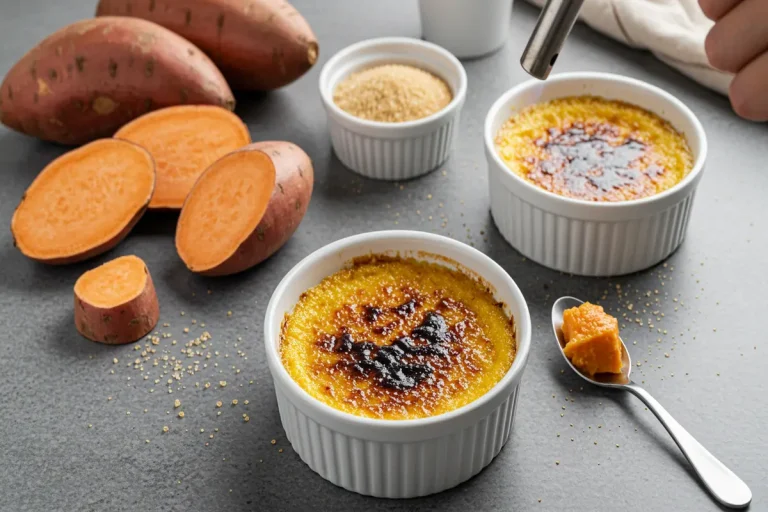 Sweet potato crème brûlée dessert is torched and ready to eat.