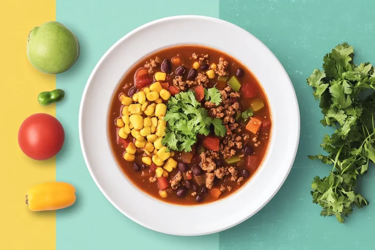 A bowl of chili with corn, ground meat, and black beans is presented alongside fresh ingredients.