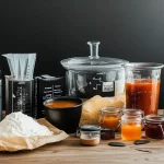 An array of baking ingredients and tools are arranged on a wooden table against a dark backdrop.