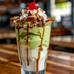A tall glass is filled with layers of pistachio ice cream, vanilla ice cream, whipped cream, pecans, and a cherry on top, with caramel sauce drizzled over it.
