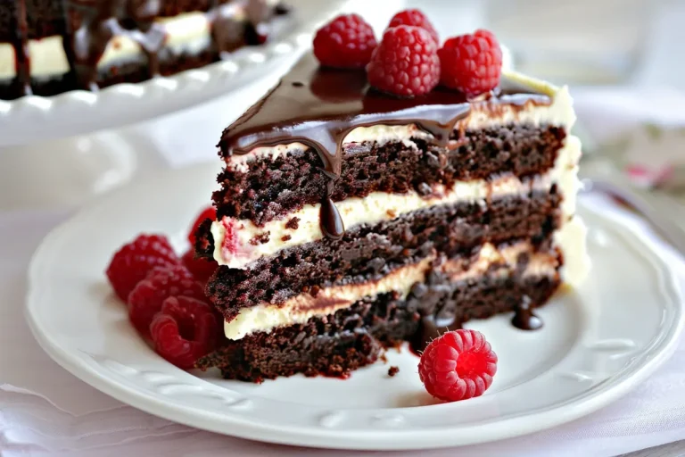 A slice of chocolate cake layered with white frosting and topped with fresh raspberries and chocolate ganache sits on a white plate.