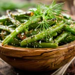 A wooden bowl filled with roasted green beans topped with dill, sesame seeds, and salt.