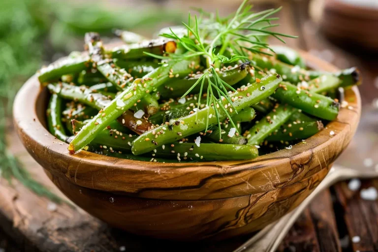 A wooden bowl filled with roasted green beans topped with dill, sesame seeds, and salt.