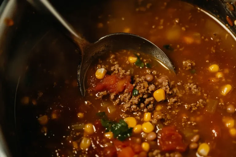 A ladle scoops up hearty chili from a pot.