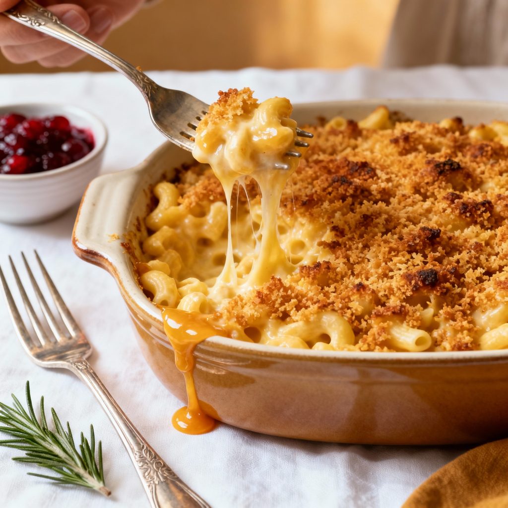 Luxury Thanksgiving mac and cheese with golden crust and cheese pull.