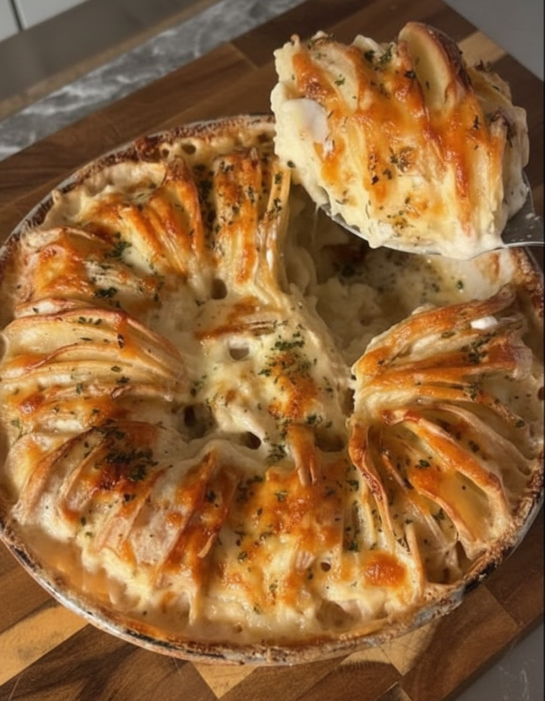 Silky, traditional authentic gratin dauphinois with potatoes, milk, cream, garlic, and herbs. No cheese, golden top, tender layers.