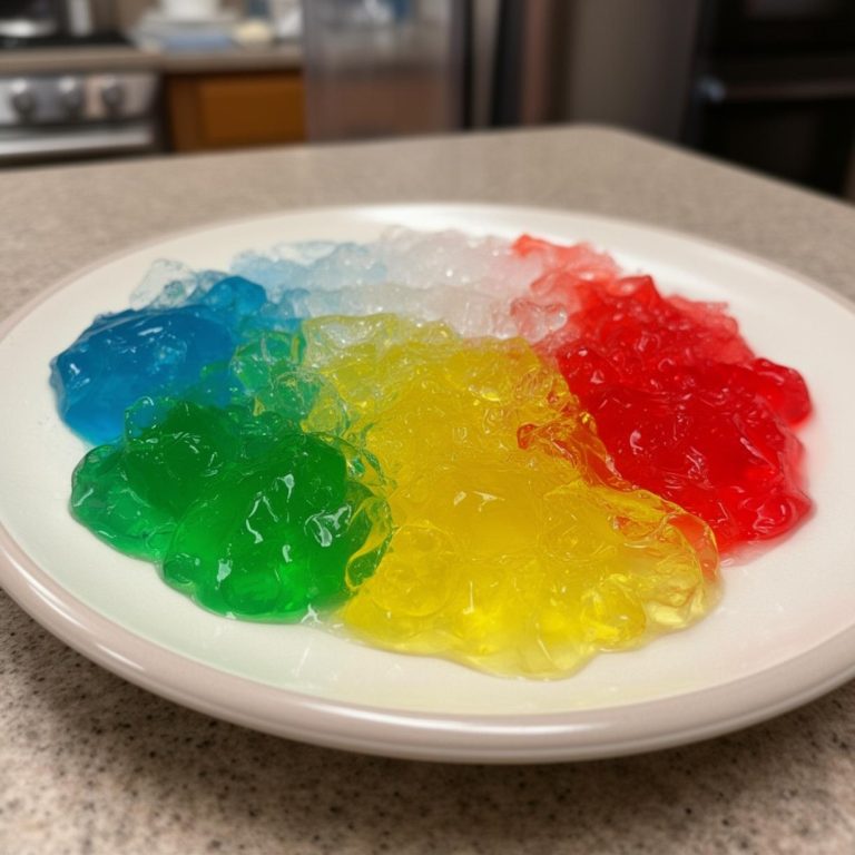 A white plate holds a vibrant arrangement of green, blue, white, yellow, and red gelatin on a kitchen counter.