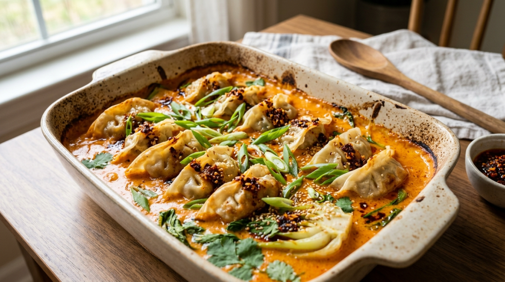 A ceramic gyoza bake holds many dumplings baked in a creamy orange sauce, topped with scallions and chili crisp.