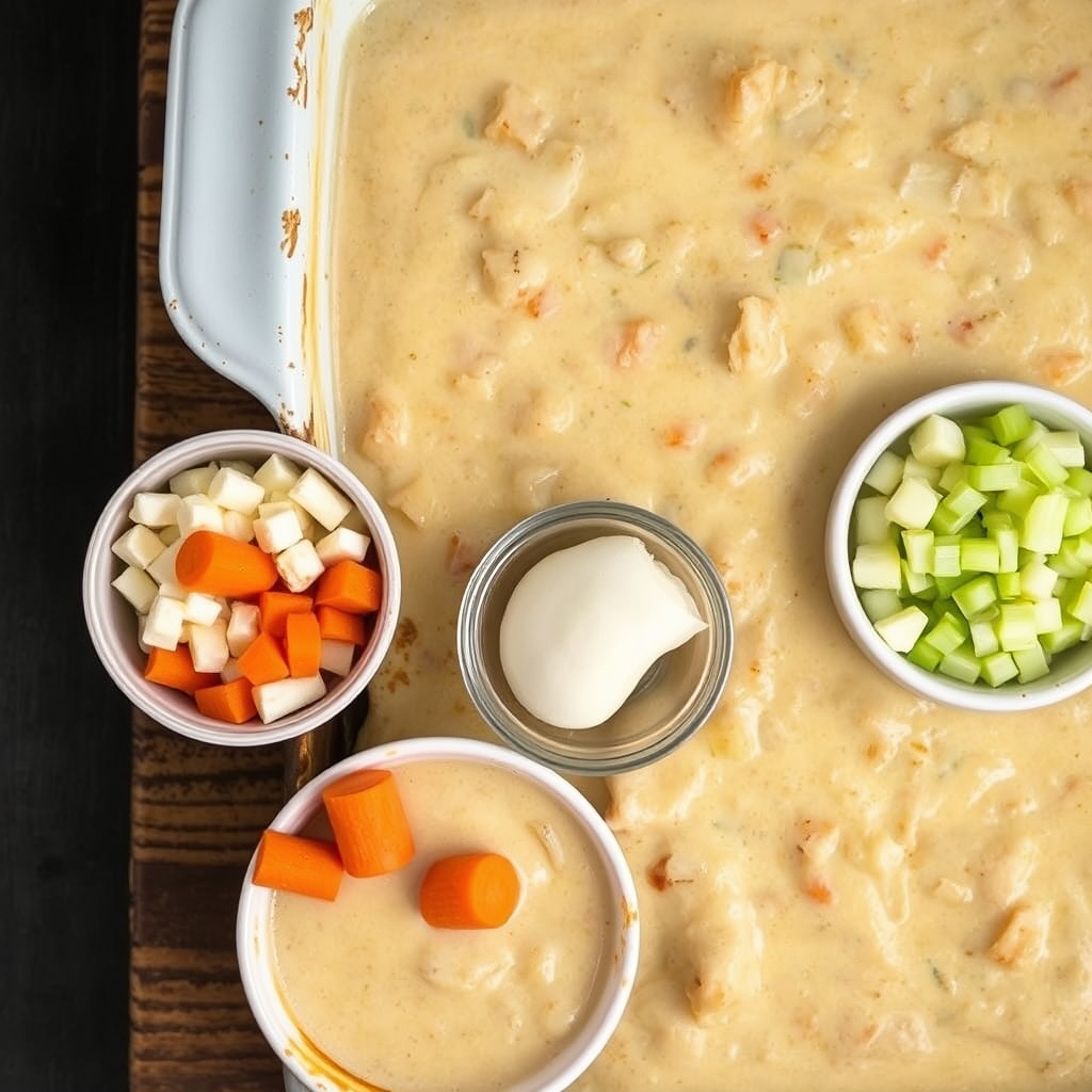 Creamy Chicken Pot Pie Soup (Easy One-Pot Recipe), ingredients and materials laid out