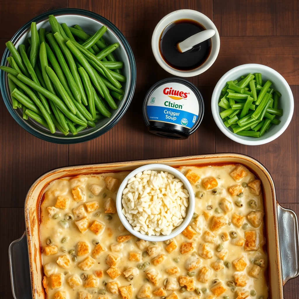 Green Bean Casserole Recipe: Creamy, Crunchy, and Easy, ingredients and materials laid out