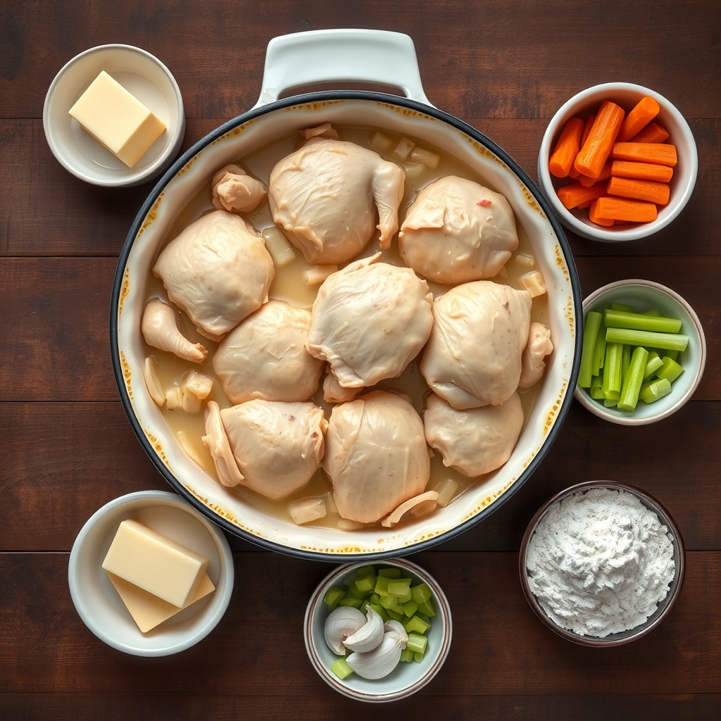 Homemade Chicken and Dumplings: Easy One-Pot Comfort, ingredients and materials laid out