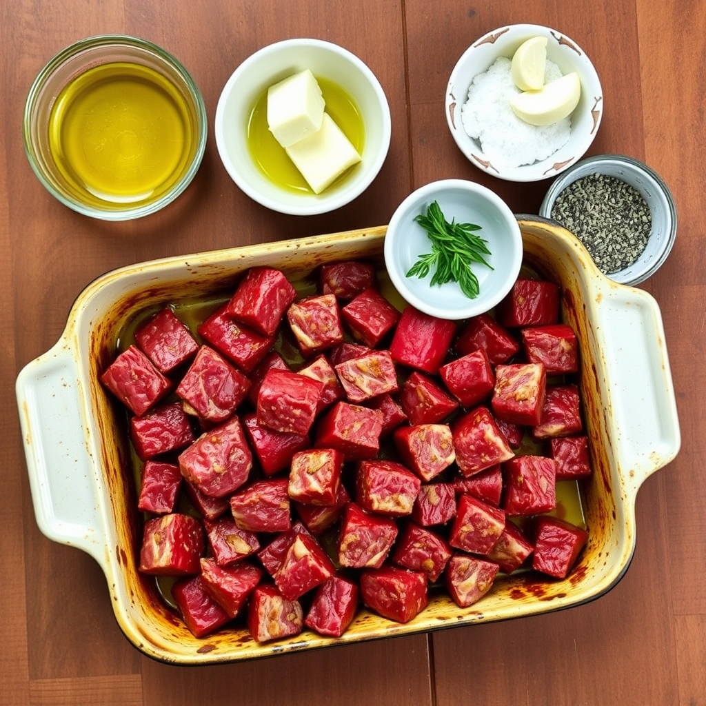 Skillet Garlic Butter Steak Bites: Juicy, Flavorful, and Ready in 20 Minutes, ingredients and materials laid out